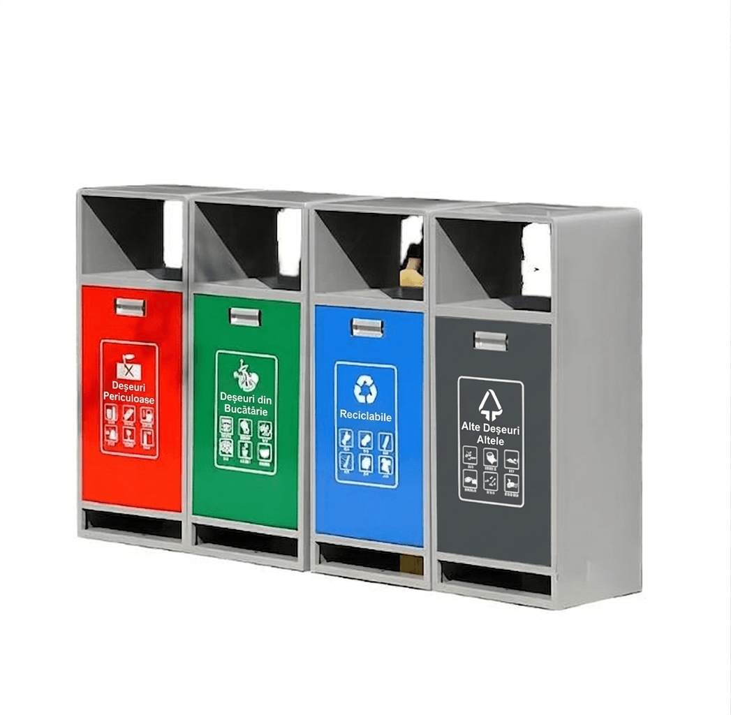 Coș de gunoi inteligent pentru colectare selectivă, cu sistem automat de cântărire și management, din aliaj de aluminiu, de tip floor-stand (independent), pentru exterior, design modern.